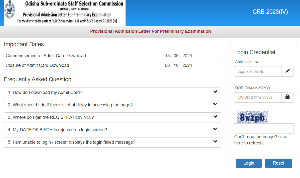 OSSSC CRE IV Provisional Admission Letter 2024 for Preliminary Exam